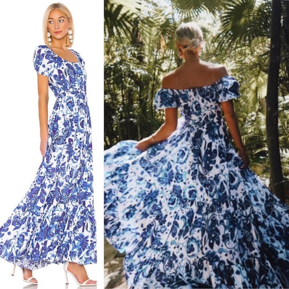 Caroline Constas Bardot Puff Sleeve Maxi Dress Size Medium - Picture 6 of 13